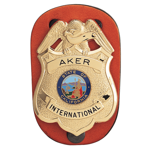 Aker Leather Federal Badge Holder with golden eagle emblem and red backing, designed for a low-profile badge carrier.